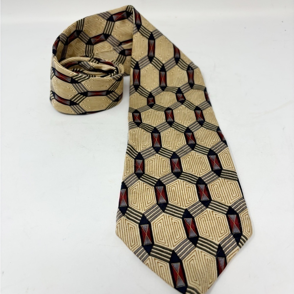 CELLINI Men’s Gold Blue Geometric Medallion Print Neck Tie Made In USA 60”